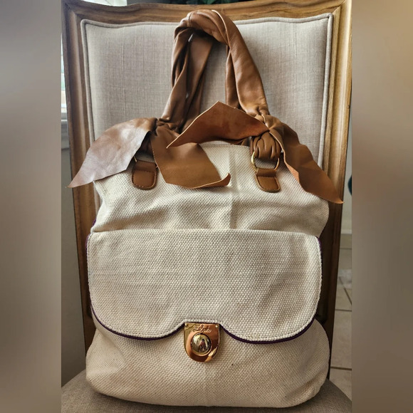 Z Spoke by Zac Posen Cream Canvas Large Purse with Leather Trim - Picture 1 of 15